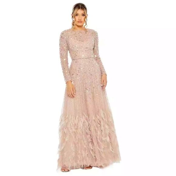 Mac Duggal Women's Disc Embellished Sequin Gown with Feather Dusty Rose Size 12 - Picture 1 of 16